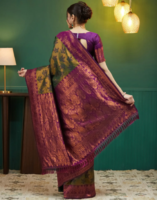mehendi wine silk blend banarasi saree with unstitched blouse piece 2