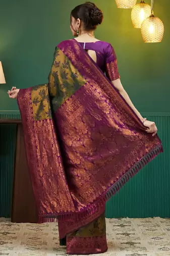mehendi wine silk blend banarasi saree with unstitched blouse piece
