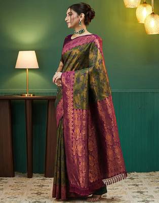 mehendi wine silk blend banarasi saree with unstitched blouse piece 3