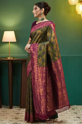 mehendi wine silk blend banarasi saree with unstitched blouse piece