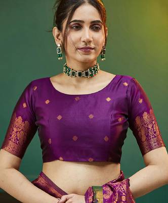 mehendi wine silk blend banarasi saree with unstitched blouse piece 4