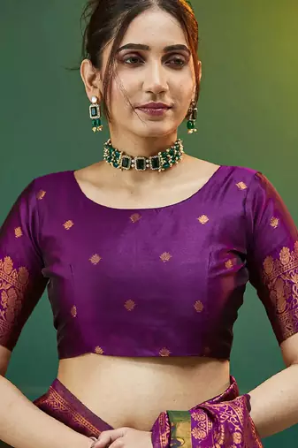 mehendi wine silk blend banarasi saree with unstitched blouse piece