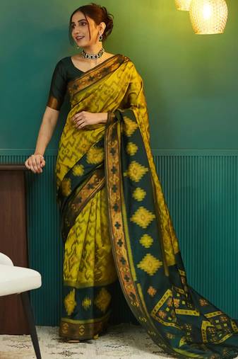 lemon green  soft art silk blend banarasi jacuard work designer party wear saree with unstitched blouse piece