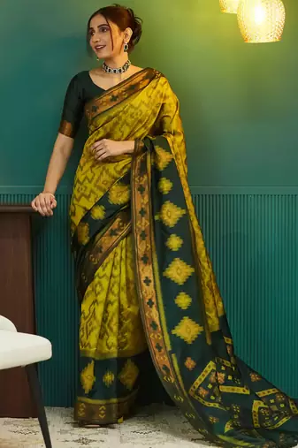 lemon green  soft art silk blend banarasi jacuard work designer party wear saree with unstitched blouse piece