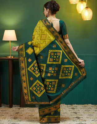 lemon green silk blend banarasi saree with unstitched blouse piece 2