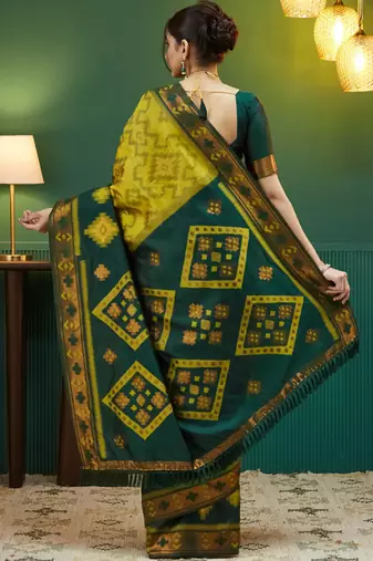 lemon green silk blend banarasi saree with unstitched blouse piece