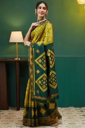 lemon green silk blend banarasi saree with unstitched blouse piece