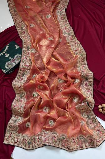 Orange Color Designer Fandy Satin Silk Saree