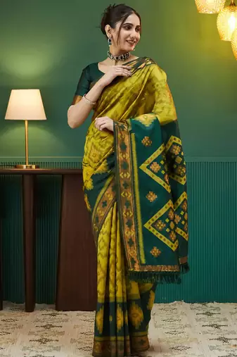 lemon green silk blend banarasi saree with unstitched blouse piece