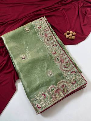 Green Color Designer Fandy Satin Silk Saree 5
