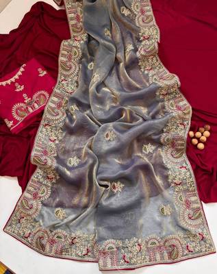 Light Grey Color Designer Fandy Satin Silk Saree 1