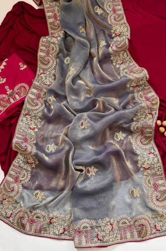 Light Grey Color Designer Fandy Satin Silk Saree