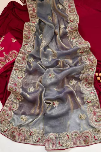 Light Grey Color Designer Fandy Satin Silk Saree
