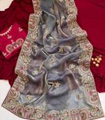 Light Grey Color Designer Fandy Satin Silk Saree