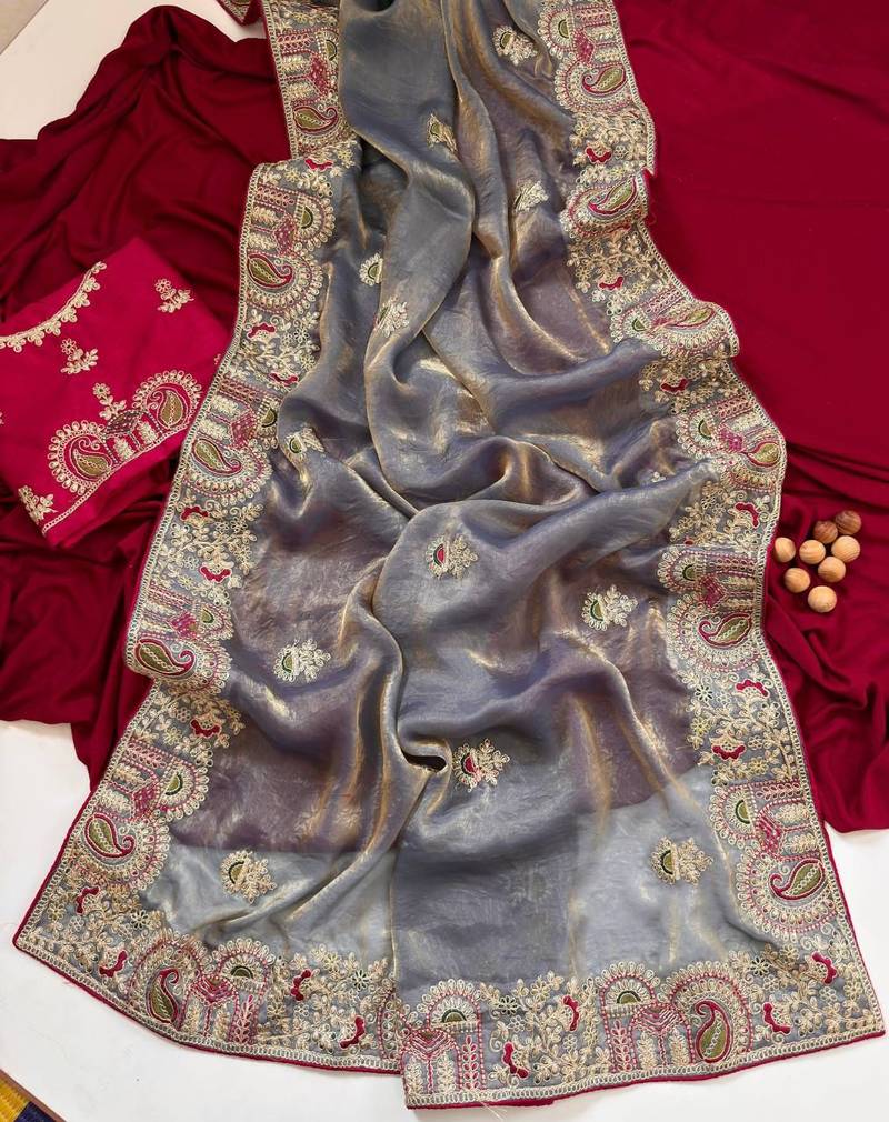 Light Grey Color Designer Fandy Satin Silk Saree