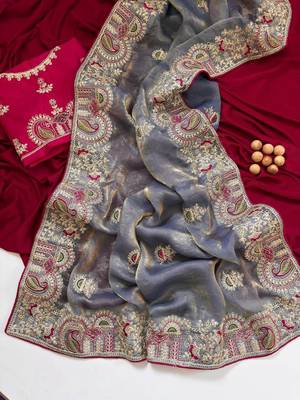 Light Grey Color Designer Fandy Satin Silk Saree 2