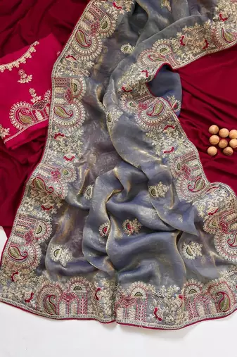 Light Grey Color Designer Fandy Satin Silk Saree