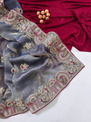 Light Grey Color Designer Fandy Satin Silk Saree 3