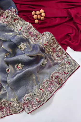 Light Grey Color Designer Fandy Satin Silk Saree