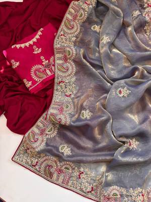 Light Grey Color Designer Fandy Satin Silk Saree 4