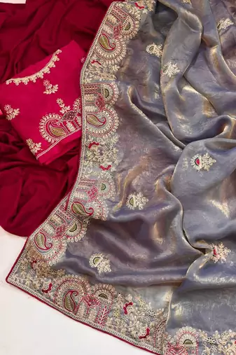Light Grey Color Designer Fandy Satin Silk Saree