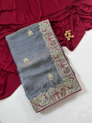 Light Grey Color Designer Fandy Satin Silk Saree 5