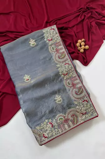 Light Grey Color Designer Fandy Satin Silk Saree