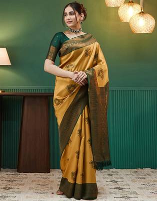 yellow green silk blend banarasi saree with unstitched blouse piece 1