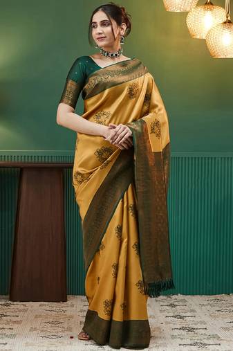 yellow green  soft art silk blend banarasi jacuard work designer party wear saree with unstitched blouse piece