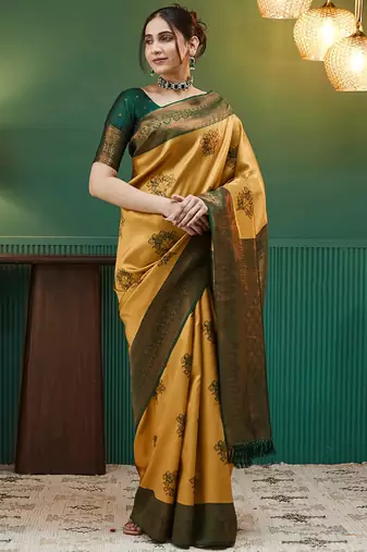 yellow green  soft art silk blend banarasi jacuard work designer party wear saree with unstitched blouse piece