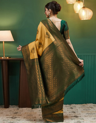 yellow green silk blend banarasi saree with unstitched blouse piece 2