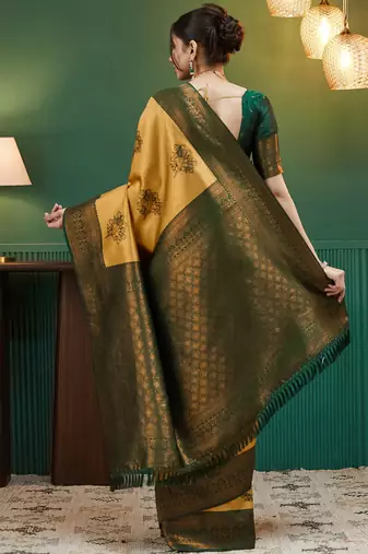 yellow green silk blend banarasi saree with unstitched blouse piece