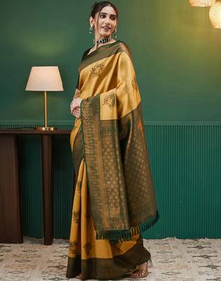 yellow green silk blend banarasi saree with unstitched blouse piece 3