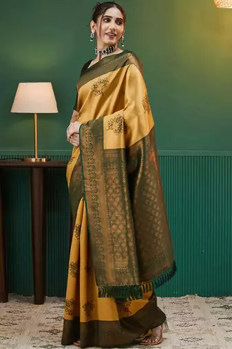yellow green silk blend banarasi saree with unstitched blouse piece