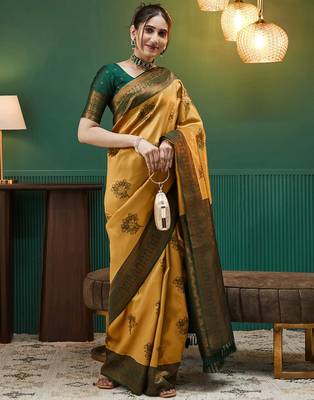 yellow green silk blend banarasi saree with unstitched blouse piece 4