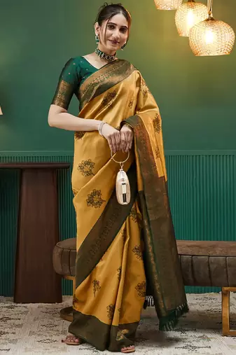 yellow green silk blend banarasi saree with unstitched blouse piece