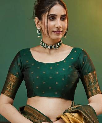 yellow green silk blend banarasi saree with unstitched blouse piece 5