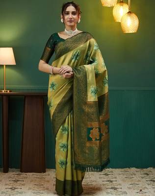 pista green silk blend banarasi saree with unstitched blouse piece 1