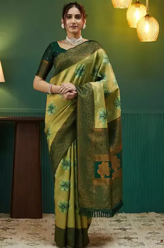 pista green  soft art silk blend banarasi jacuard work designer party wear saree with unstitched blouse piece