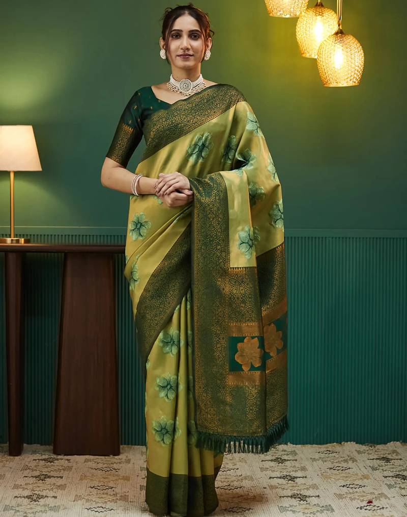 pista green  soft art silk blend banarasi jacuard work designer party wear saree with unstitched blouse piece
