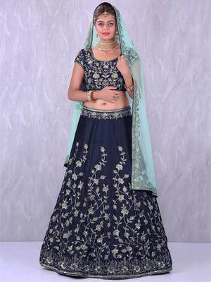 navy blue silk thread work lehenga 1