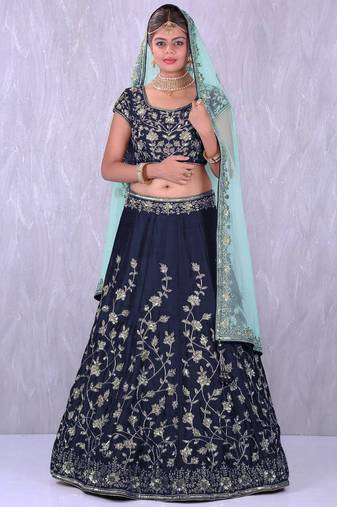 navy blue silk thread work lehenga