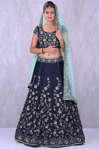 Navy Blue Banglory Silk Lehenga Choli with Applique Embroidery work