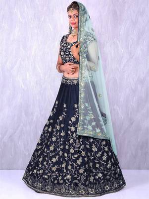 navy blue silk thread work lehenga 2