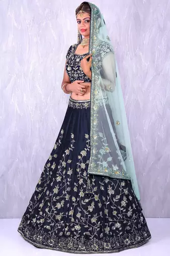 navy blue silk thread work lehenga
