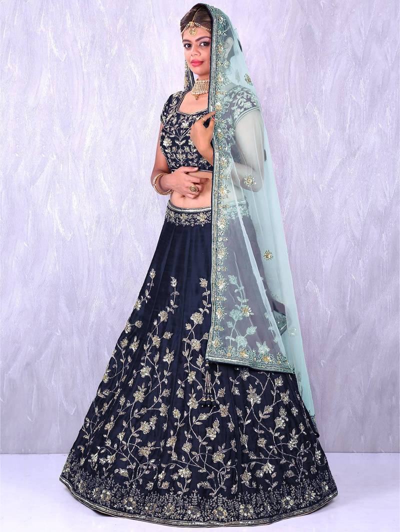 Navy Blue Banglory Silk Lehenga Choli with Applique Embroidery work