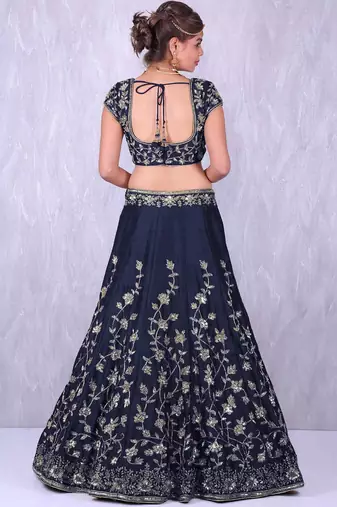 navy blue silk thread work lehenga