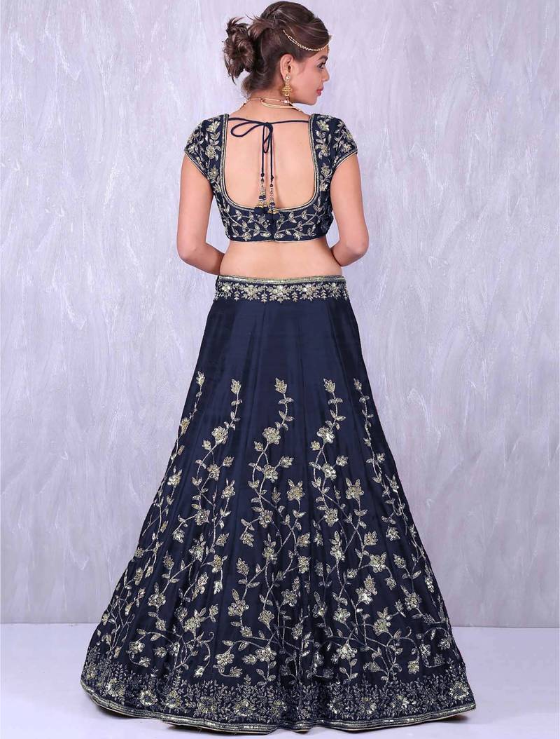Navy Blue Banglory Silk Lehenga Choli with Applique Embroidery work