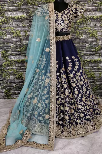 navy blue silk thread work lehenga
