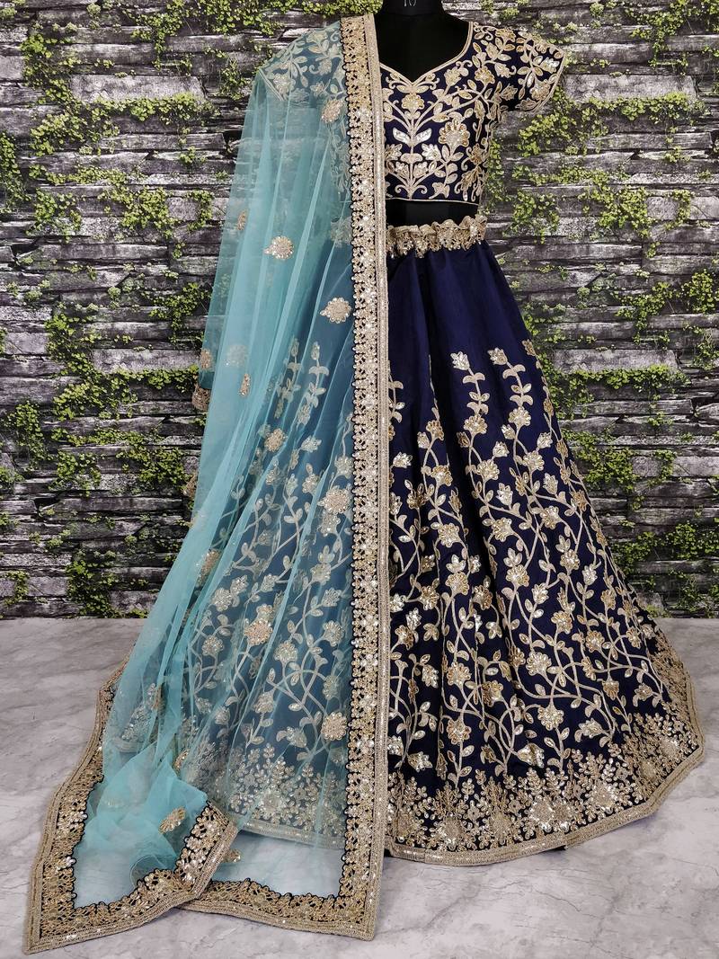 Navy Blue Banglory Silk Lehenga Choli with Applique Embroidery work